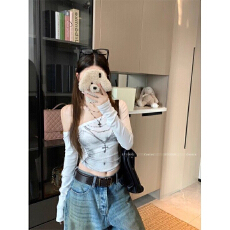 批发260克莫代尔纯欲风修身紧长袖t恤女春季露脐斜肩性感辣妹<b class='q'>短</b>款上衣