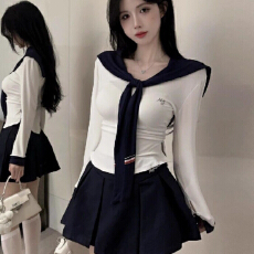 批发[ 螺纹➕酷丝棉] 高腰显瘦半身裙小个子制服套装+学院甜辣拼色