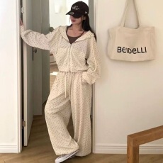 批发韩国chic秋季法式小清新华夫格连帽碎花<b class='q'>卫衣</b>外套<b class='q'>女</b>+高腰休闲长裤