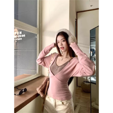 批发【随心裁<b class='q'>莫代尔</b>260克1*1+羊绒】V领长袖<b class='q'>T</b><b class='q'>恤</b>女装设计感上衣两件套