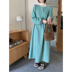 批发2026春装新款灯芯绒 <b class='q'>连衣裙</b>女洋气收腰灯笼袖淑女A字裙子宽松长裙