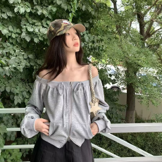 批发纯色长袖<b class='q'>开衫</b>卫衣春秋新款纯欲风一字肩<b class='q'>大码</b>宽松拉链绑带卫衣