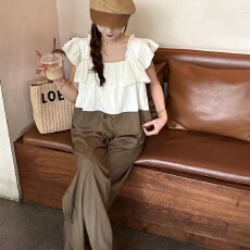 夏季搭配一整套韩系甜美拼接撞色小飞袖上衣时尚减龄显瘦裤子套装