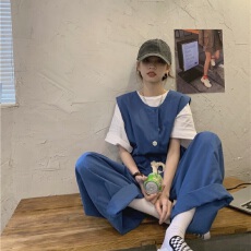批发盐系背带裤女夏季宽松韩版工装设计感连体阔腿裤潮网红套装女学生