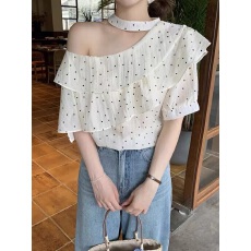 批发夏季荷叶边挂脖衬衫宽松<b class='q'>甜美</b>拼接印花短袖简约波点露肩气质上衣