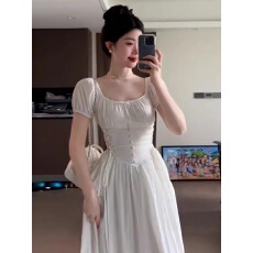 批发2026夏季新款女装显瘦白色连衣裙法式<b class='q'>复古</b>设计感绑带收腰<b class='q'>长裙</b>