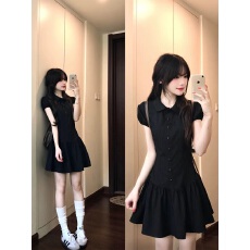 批发复古娃娃领黑色竖<b class='q'>条纹</b>连衣裙女夏季新款短袖修身学生显瘦<b class='q'>短裙</b>子