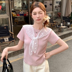 批发甜美气质<b class='q'>蕾丝</b><b class='q'>披肩</b>短袖T恤女2026夏季新款小众设计感收腰显瘦上衣