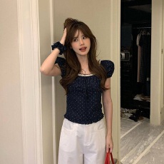 批发韩系藏蓝色方领木耳边波点衬衫女夏季短袖上衣
