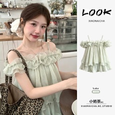 批发温柔甜美风绿色一字肩吊带<b class='q'>雪纺衫女</b>夏季度假风露肩减龄<b class='q'>无袖</b>上衣