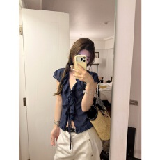 批发纯欲风藏蓝色V领木耳边衬衫女秋季新款<b class='q'>百搭</b>收腰显瘦上衣
