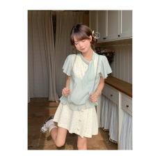 批发少女飘带千金感拼接上衣女夏新款+<b class='q'>百搭</b>碎花半身裙褶裙夏