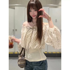 批发甜欲风一字肩<b class='q'>波点</b>雪纺衫女早秋系带木耳边泡泡袖小衫修身显瘦上衣