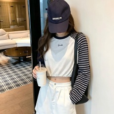 批发<b class='q'>韩</b>系撞色插肩袖长袖t恤女秋季薄款防晒罩衫条纹短款上衣