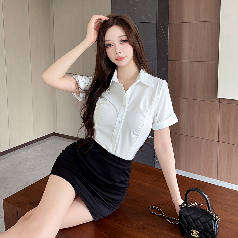 FA33331# 褶皱收腰白衬衫女新款修身性感长袖衬衣职业工作服ol制服套装 服裝批發女裝批發服飾貨源