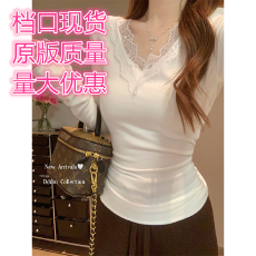 批发蕾丝拼接v领德绒磨毛保暖打底衫女秋冬纯欲内搭<b class='q'>t</b><b class='q'>恤</b>修身显瘦上衣女
