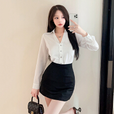 批发长袖性感V领白<b class='q'>衬衫</b><b class='q'>职业</b>工作服套装春秋修身显瘦设计感秘书OL制服