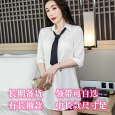 批发简约性感领带白<b class='q'>衬衣</b>女春夏宽松<b class='q'>男</b>友风短袖上衣气质显瘦中长款<b class='q'>衬衣</b>