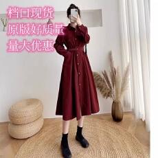 批发法式收腰显瘦衬衫裙女秋冬新款中长款磨毛加厚长袖打底过膝桔梗裙