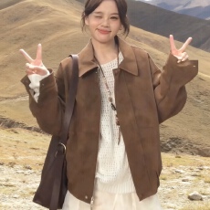 批发复古美式宽松麂皮绒翻领外套女早<b class='q'>秋</b>季休闲百搭显瘦小个子夹克上衣