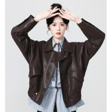 批发复古棕色PU皮衣外套女春秋秋<b class='q'>新款</b>宽松翻领机车<b class='q'>夹克</b>开衫上衣潮
