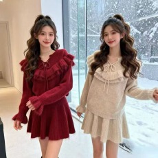 批发冬装韩系穿搭一整套针织套头<b class='q'>荷叶边</b>系带<b class='q'>毛衣</b>短裙套装减龄两件套
