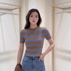 批发时尚复古高级感条纹半高领短袖女<b class='q'>夏</b>季新款超好看修身显瘦上衣
