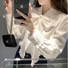 批发已出货  法式温柔花边白色衬衫春季新款飘带上衣叠穿内搭打底棉