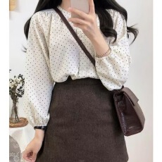 批发已出货  设计灯笼春秋复古波点法式雪纺衬衣衬衫长袖宽松上衣新款