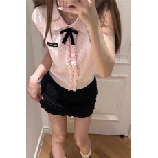 批发已出货  夏季新款法式学院风木耳边蝴蝶结针织<b class='q'>背心</b>女简约翻领