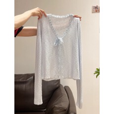 批发已出货  多巴胺微透蕾丝V领绑带长袖防晒开衫夏季薄款上衣<b class='q'>外套女</b>