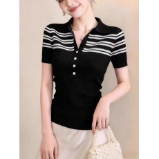 批发已出货  韩系条纹半开领白色短袖夏季新款设计感小众<b class='q'>针织衫</b>
