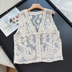 批发已出货  韩国chic甜美网纱镂空钩花V领叠穿薄款马甲女<b class='q'>秋</b>冬季外搭