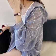批发已出货  韩国chic春秋女装新款宽松格子衬衫女中长款<b class='q'>上衣</b>港味连帽