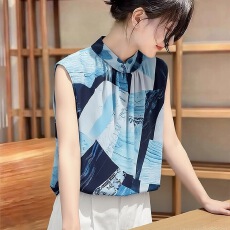 批发已出货 韩国chic文艺印花<b class='q'>立领</b>飘带无袖雪纺<b class='q'>衬衫女</b>夏减龄宽松衬衣