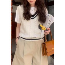 批发已出货 韩国chic学院风撞色V领针织马甲叠穿坎肩无袖<b class='q'>毛衣</b><b class='q'>背心</b>外搭