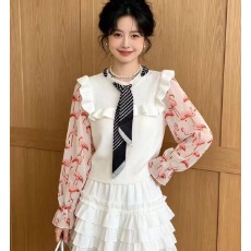 批发已出货 韩国chic秋季新款雪纺长袖拼接针织衬衫假两件圆领上衣
