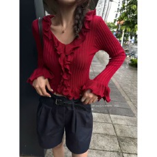 批发已出货 <b class='q'>韩国</b>chic春秋新款木耳边坑条针织衫女v领修身显瘦毛衣