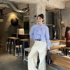 批发已出货 韩国chic小众设计宽松慵懒感<b class='q'>长袖</b><b class='q'>衬衫女</b>春秋蓝格红点