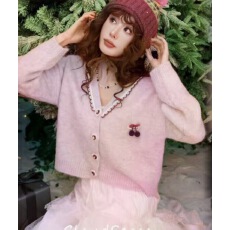 批发已出货 <b class='q'>韩国</b>chic甜美风粉色V领单排扣长袖毛针织开衫女秋季宽松
