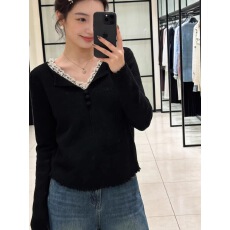 批发已出货 韩国chic<b class='q'>甜美</b>风蕾丝拼接V领木耳边针织衫女秋冬显瘦打底衫