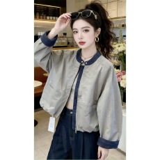 批发已出货 韩国chic春季网红<b class='q'>牛仔</b>拼接外套女宽松立领显瘦棒球服上衣