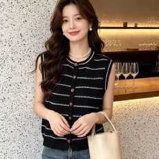 批发已出货 韩国chic小香风条纹针织开衫正肩马甲外套女<b class='q'>秋</b>季叠穿背心