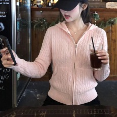 批发已出货 韩国chic白色麻花修身连帽针织开衫女<b class='q'>秋</b>季气质拉链外套