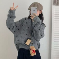 批发已出货 <b class='q'>韩国</b>chic波点圆领针织开衫宽松波点软糯慵懒风加厚毛衣