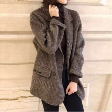 批发已出货 韩国chic秋冬装夹棉加厚双面羊绒大衣格子西装呢外套