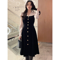 批发气质高雅 韩国Chic衬衣丝绒拼接长裙 修身长袖韩版连衣裙