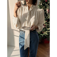 批发时尚<b class='q'>淑女</b> 韩国东大门长袖衬衫 百搭宽松波点雪纺飘带韩版衬衣