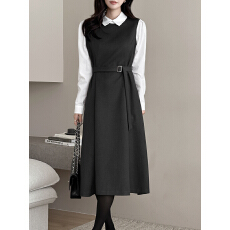 批发淑女时尚 <b class='q'>韩国</b>Chic喇叭裙 假两件拼接大摆<b class='q'>长裙</b> 韩版衬衣连衣裙