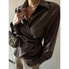 批发淑女气质 韩国Chic长袖PU皮夹克外套 不规则收腰韩版皮衣外套